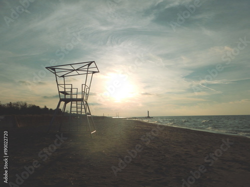 Lake Huron beach during winter sunset in Grand Bend Ontario Canada