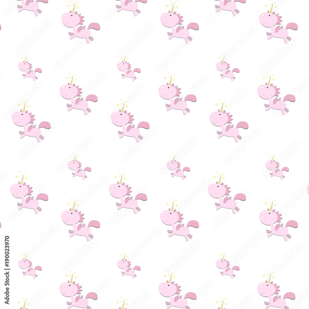 Children baby background with pink unicorn and yellow star on white background Children baby background with pink unicorn and yellow star on white background