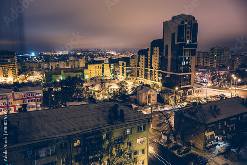 Aerial view at downtown of night city Belgorod, Russia, evening dramatic winter cityscape
