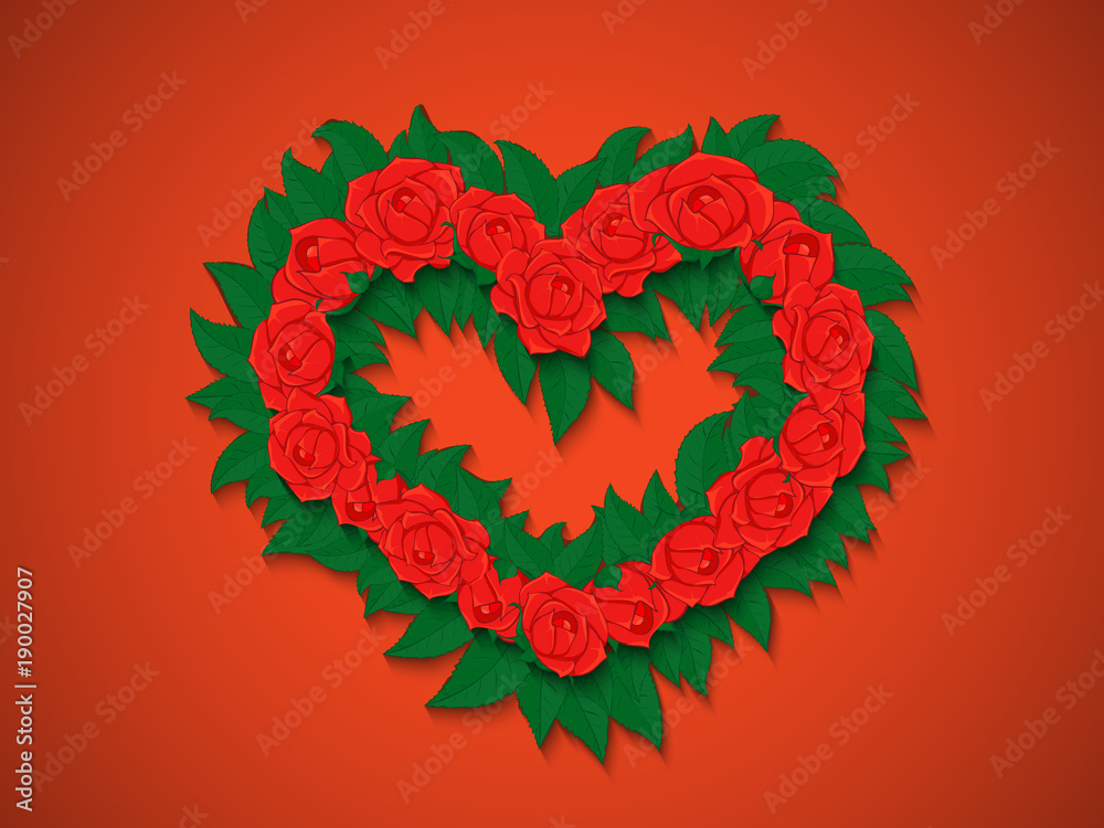 Fototapeta Bouquet of red roses with green leaves in the shape of a heart