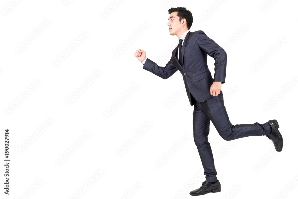 Businessman running forward isolated on white background