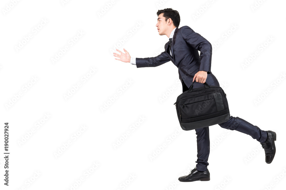 Businessman walking and holding a briefcase isolated on white background