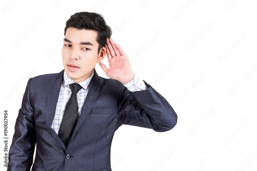 Businessman overhearing rumors isolated on white background Businessman overhearing rumors isolated on white background