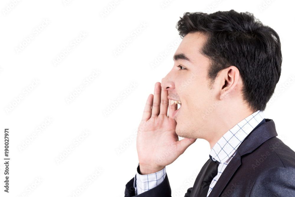 Businessman whispering gossip isolated on white background Businessman whispering gossip isolated on white background