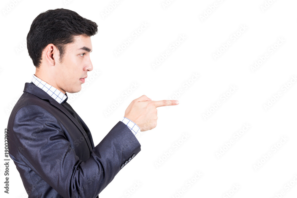 Businessman pointing to empty copy space isolated on white background Businessman pointing to empty copy space isolated on white background