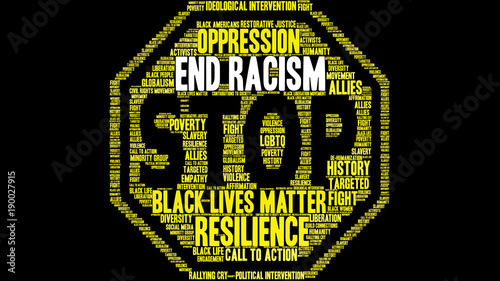 End Racism Word Cloud on a black background. 