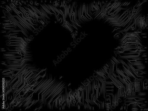 Frightening dark image of a black heart, surrounded by the chaotic elements similar to the hairs