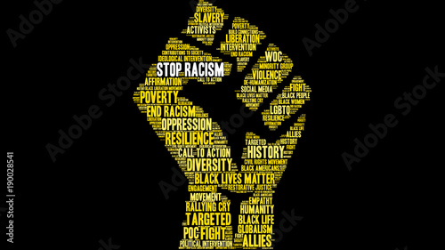 Stop Racism Word Cloud on a black background. 