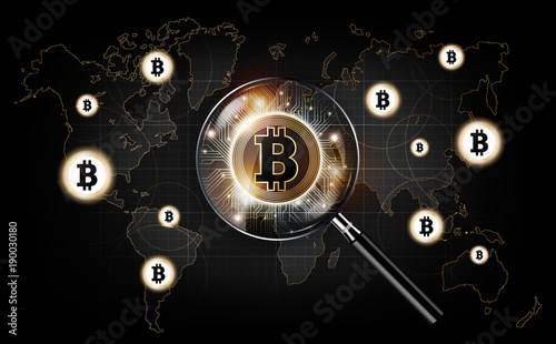 Golden bitcoin digital currency and magnifying glass, futuristic digital money, technology worldwide network concept, vector illustration
