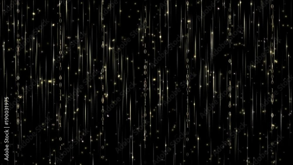 Internet communication concept, binary code data flow, matrix, golden dynamic linear motion on black background, animated abstract illustration