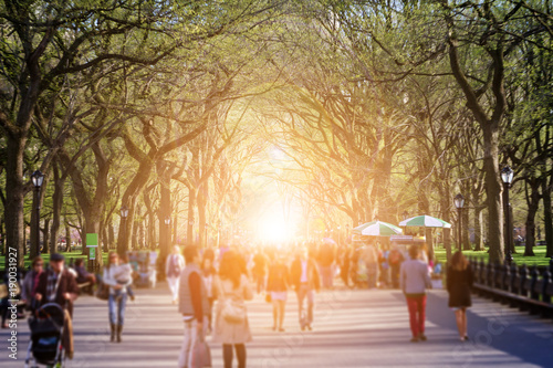Crowd of anonymous people walking through Central Park forest landscape with bright sunlight shining through the trees in the background