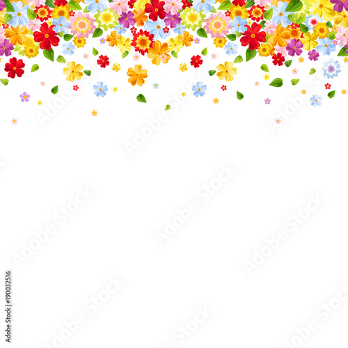 Vector horizontal seamless background with bright colorful flowers and leaves.