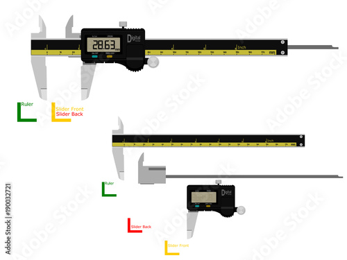 Digital vernier caliper on transparent background. There are 3 components which are perfect assembly for your own composition.
