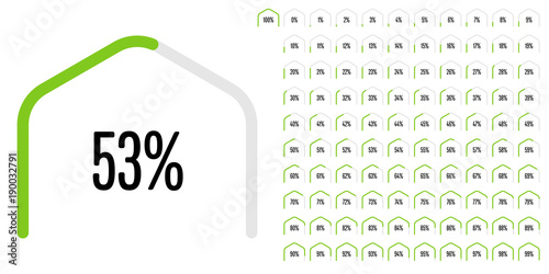 Set of circular sector hexagonal shape percentage diagrams from 0 to 100 ready-to-use for web design, user interface (UI) or infographic - indicator with green