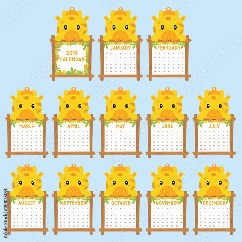 2018 calendar template. 2018 animal shaped calendar, cute baby giraffe holding  calendar. printable 2018 calendar cartoon vector.