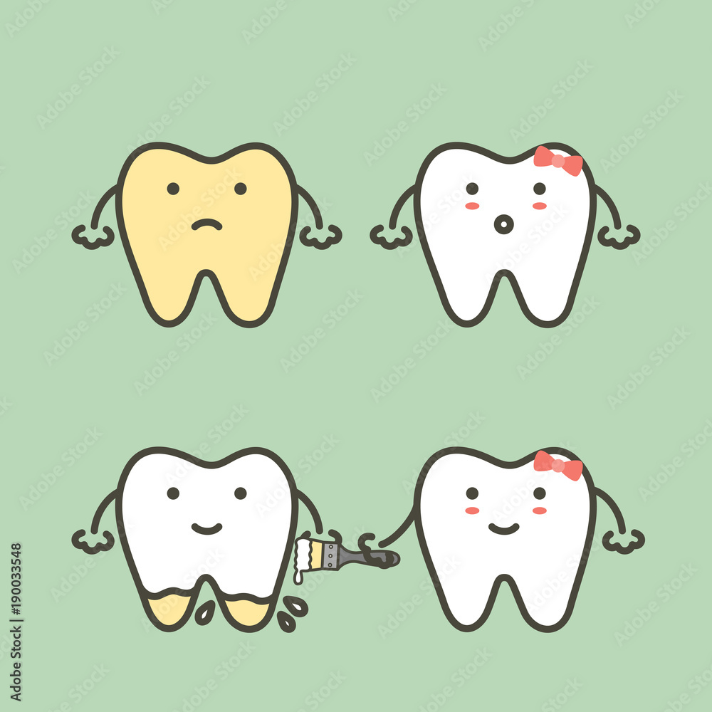 step of teeth whitening - yellow tooth to white tooth, before and after