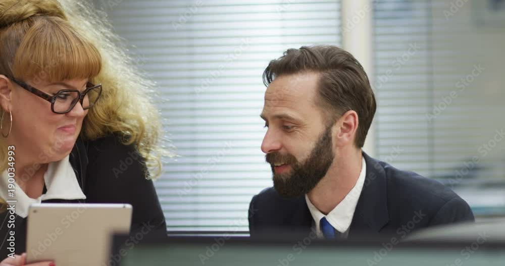 custom made wallpaper toronto digital4K Funny businesswoman with tablet computer chatting & flirting with a colleague. Slow motion.