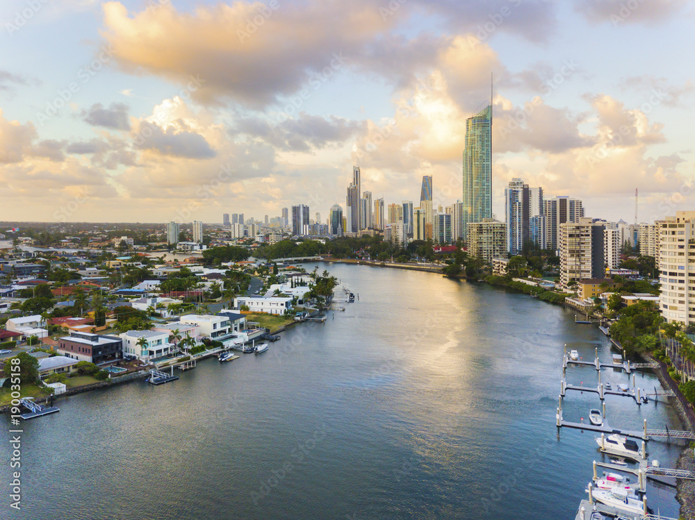 Aerial photograph of the Gold Coast canals and Surfers Paradise skyline