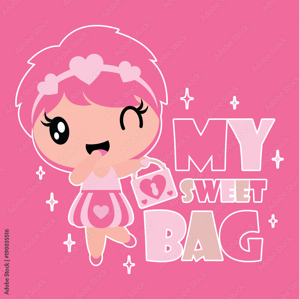 Cute girl brings sweet bag vector cartoon illustration for Kid t-shirt background design, Valentine card, and wallpaper Cute girl brings sweet bag vector cartoon illustration for Kid t-shirt background design, Valentine card, and wallpaper