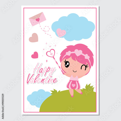 Cute girl with her magic wand vector cartoon illustration for Happy Valentine card design  postcard  and wallpaper