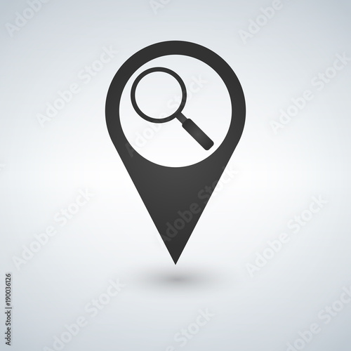 Pin icon with magnifier sign symbol.