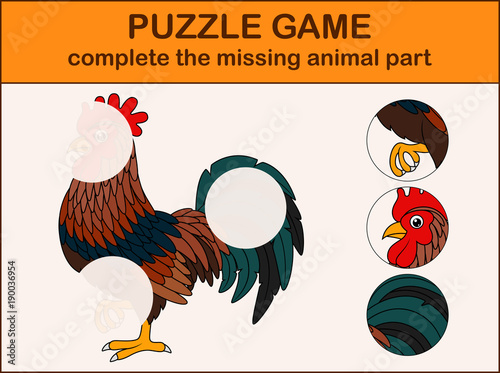 Cute rooster cartoon. Complete the puzzle and find the missing parts of the picture