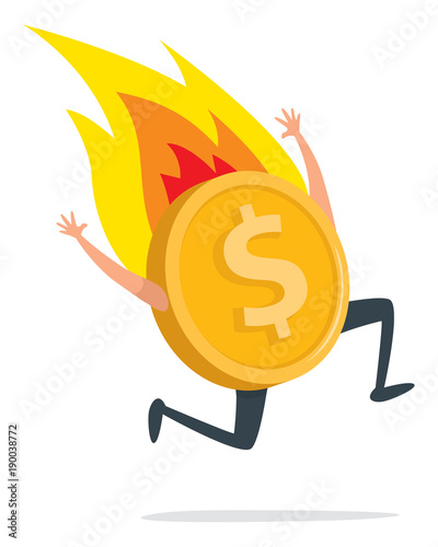 Golden coin running on fire
