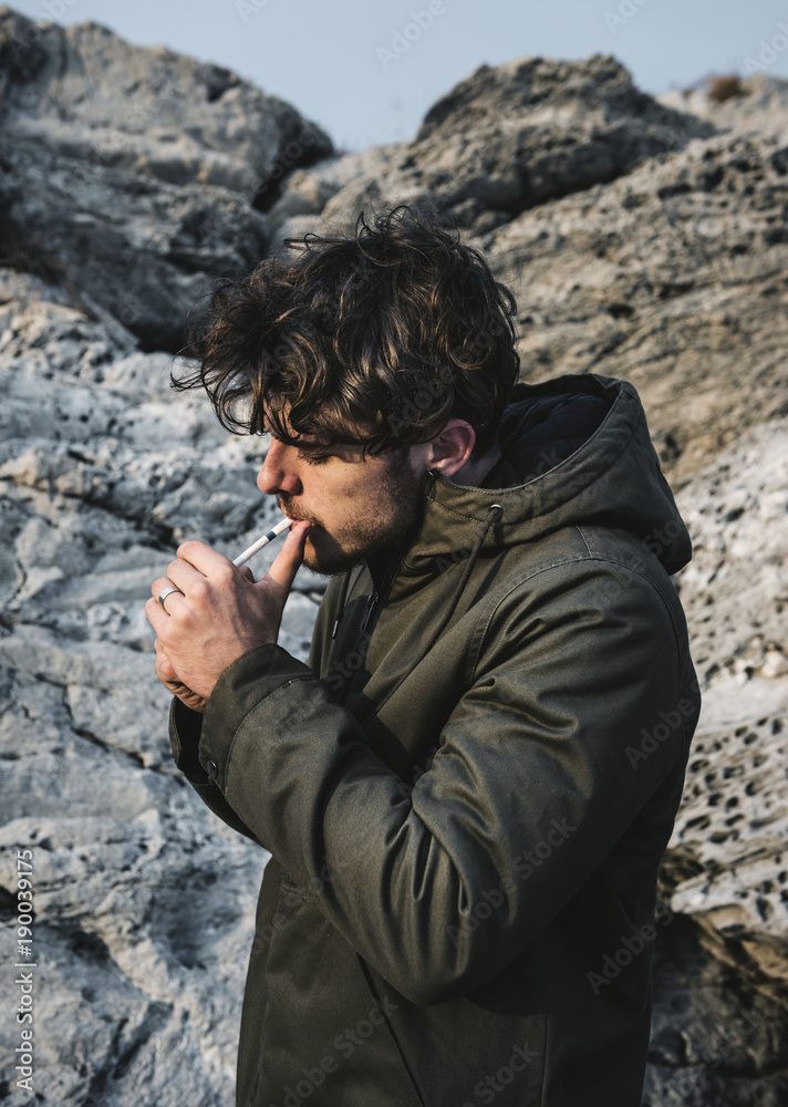 Caucasian man smoking Caucasian man smoking