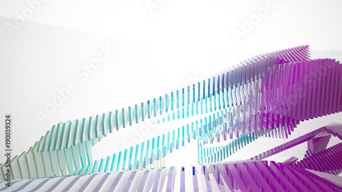 Abstract white and colored gradient glasses parametric interior  with window. 3D illustration and rendering.