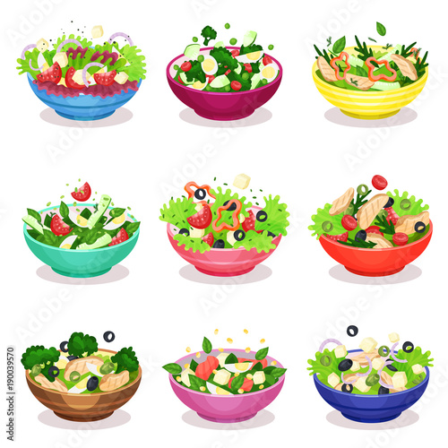 Various salads set, vegetable, fish and meat salad, healthy eating concept vector Illustrations