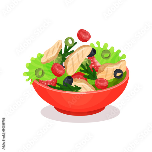 Vegetable salad with meat, cherry tomatoes, olives and lettuce, healthy eating concept vector Illustration