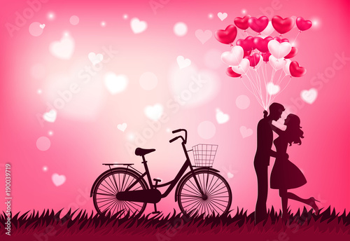 Cute couple in love hugging, staring at each other's eyes and holding heart balloons, beautiful blur background,flat-style vector illustration.