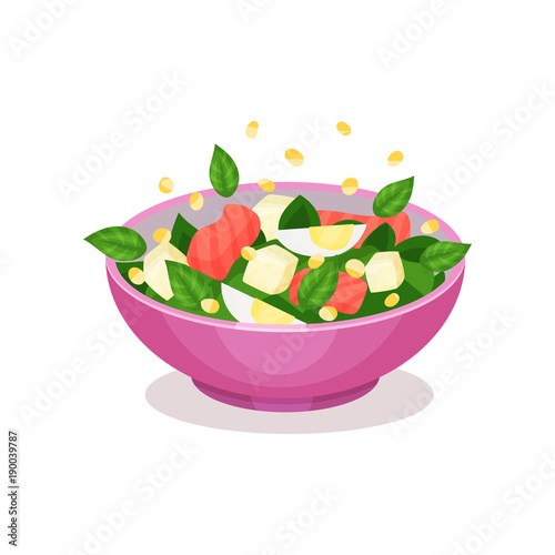 Bowl of salad with spinach, salmon and egg, healthy eating concept vector Illustration