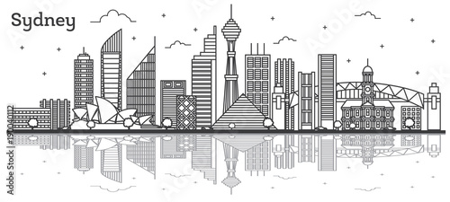 Outline Sydney Australia City Skyline with Modern Buildings Isolated on White.