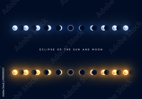 Solar and lunar eclipses full cycle. Sun and moon eclipses.