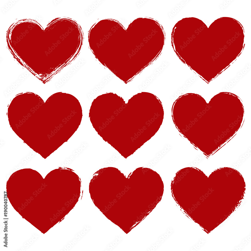 set of vector red hearts in grunge style