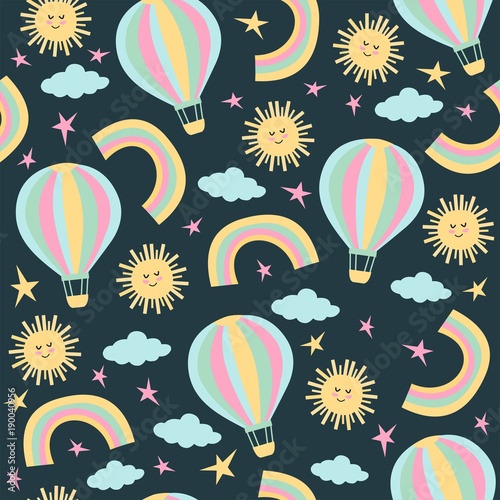 Seamless vector pattern with balloon, clouds and sun. Cute background for kids.