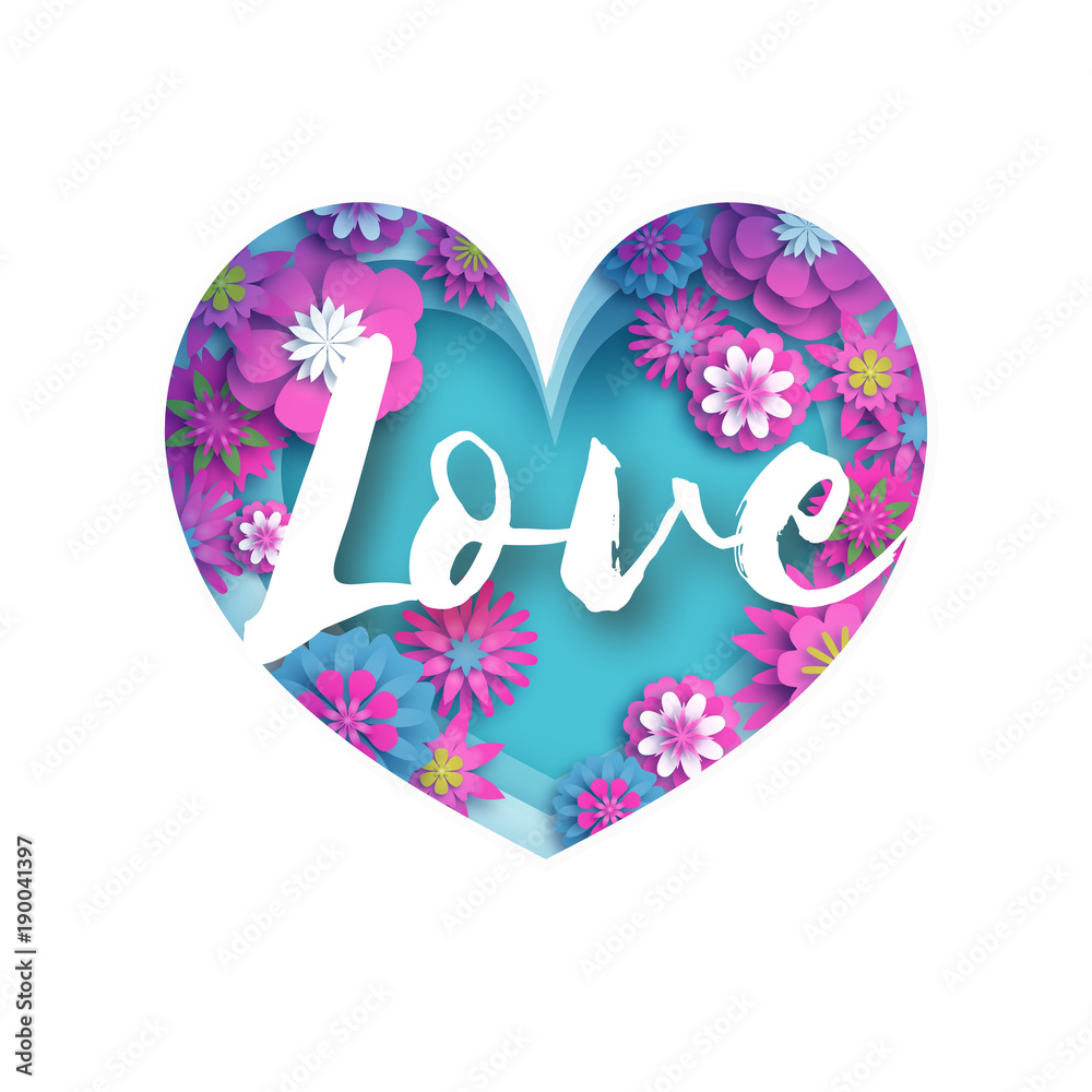 Pink Blue Love text in paper cut layered heart. Origami Happy Valentines day Greetings card. Romantic Holidays on blue sky. 14 February. Flowers. Spring blossom. Modern decoration.