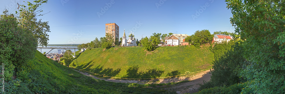 Green ravine with church and houses in Nizhny Novgorod, Russia