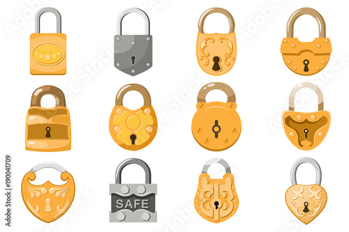 Padlock vector lock for safety and security protection with locked secure mechanism to interlock or lockout locking system illustration set isolated on white background