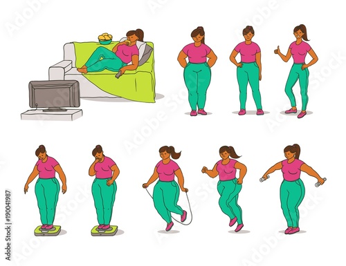 Vector sketch set illustration of how fat black girl loses weight. Young woman eat and measures weight on scales and active play sports. Jumping rope, running and performing exercises with dumbbells.