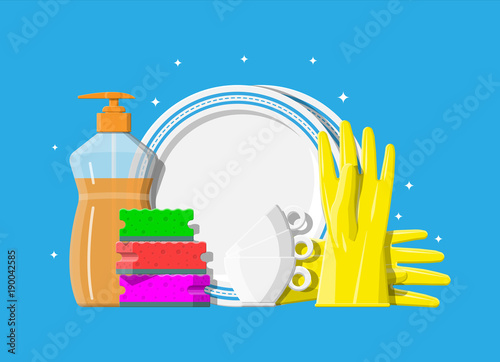 Bottle of detergent, sponge and rubber gloves.