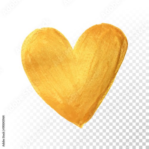 Gold heart paint brush for Valentine on white background. Vector golden watercolor painting of heart shape for love concept design. Valentine's day card heart template