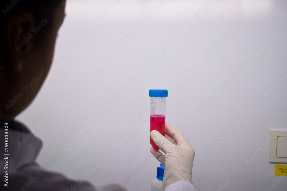 A hand holding a test tube with a purple sample A hand holding a test tube with a purple sample