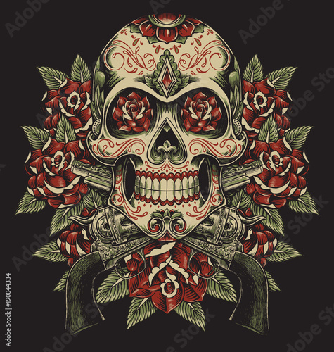 Skull and Roses with Revolvers Tattoo Illustration