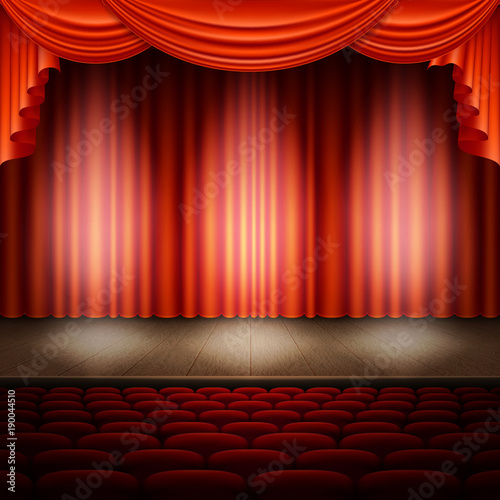 Spotlight on stage and red curtain. EPS 10 vector