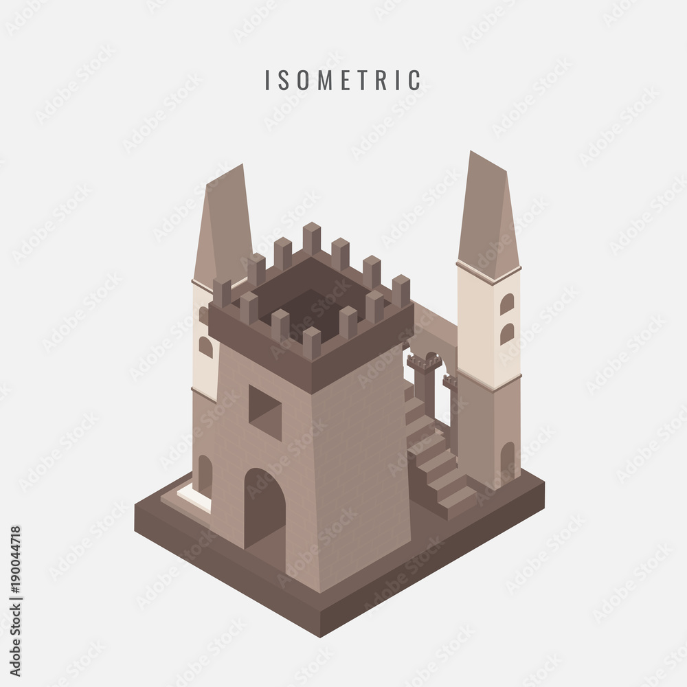 isometric icon of the fortress tower of the medieval castle. Vector illustration