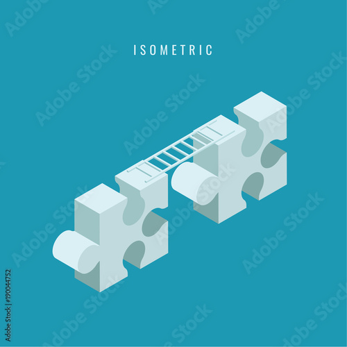 isometric icon usinessman in conversation with blank speech jigsaw shape, compatibility, collaboration, joint efforts concept. Vector illustration