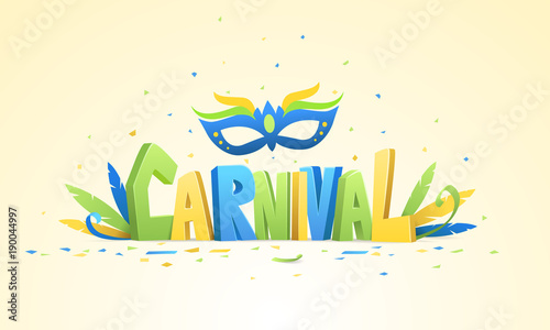 Brazilian carnival background. Colorful 3D text carnival with decoration and confetti on bright background.
