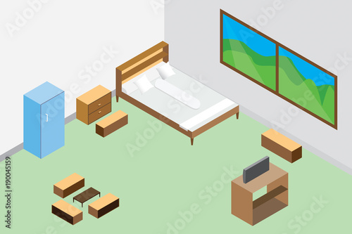 modern bedroom interior and furniture wooden, refrigerator.design vector illustration. room isometric style